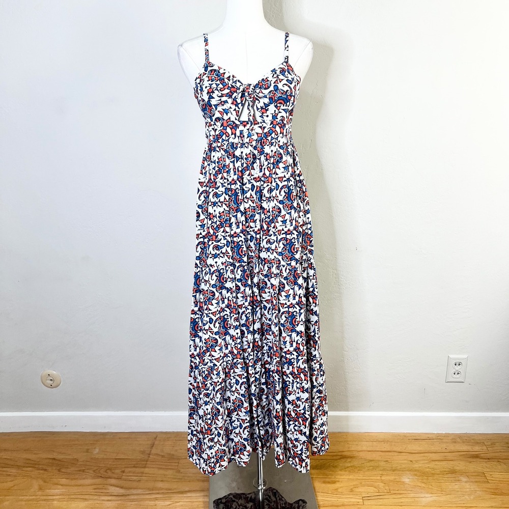 Xirena Dress Tiered‎ Maxi Size Small Blue Red Abstract Print Tie Front Smocked